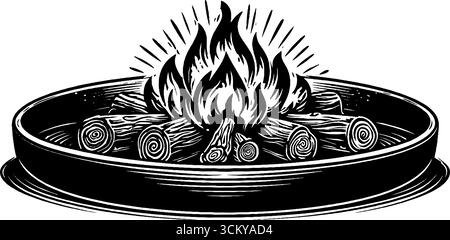 Foyer rustique avec bûches crépitantes et étincelles montantes pour le plaisir en plein air. Illustration de Vecteur