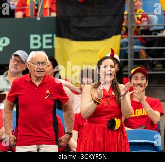 Sydney, Nouvelle-Galles du Sud, Australie. 13 septembre 2025. Les joueurs belges chantent l'hymne national avant le match nul de la Coupe Davis contre les fans d'Australie acclament lors du match nul de la Coupe Davis contre l'Australie (crédit image : © Stephane Thomas/ZUMA Press Wire) USAGE ÉDITORIAL SEULEMENT ! Non destiné à UN USAGE commercial ! Banque D'Images