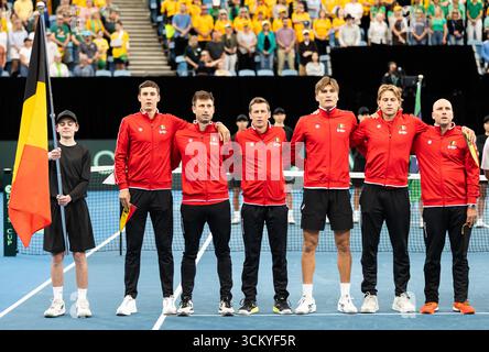 Sydney, Nouvelle-Galles du Sud, Australie. 13 septembre 2025. Les joueurs belges chantent l'hymne national avant la rencontre de la Coupe Davis contre l'Australie (crédit image : © Stephane Thomas/ZUMA Press Wire) USAGE ÉDITORIAL SEULEMENT ! Non destiné à UN USAGE commercial ! Banque D'Images