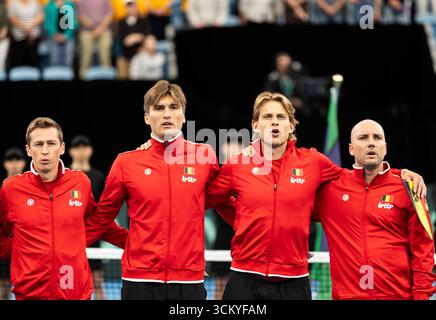 Sydney, Nouvelle-Galles du Sud, Australie. 13 septembre 2025. Team Belgium chante l'hymne national avant la rencontre de la Coupe Davis entre l'Australie et la Belgique (image crédit : © Stephane Thomas/ZUMA Press Wire) USAGE ÉDITORIAL SEULEMENT ! Non destiné à UN USAGE commercial ! Banque D'Images