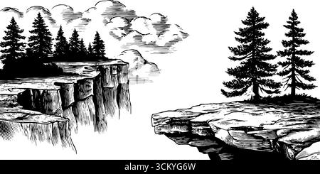 Falaise enveloppée de brouillard et illustration de pin tordu pour des thèmes de nature et de paysage. Illustration de Vecteur