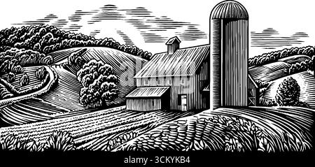 Scène de ferme rustique avec grange et grand silo dans un paysage pastoral. Illustration de Vecteur