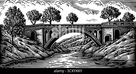 Pont arqué noir et blanc vintage sur la conception de paysage de canal étroit pour l'impression. Illustration de Vecteur