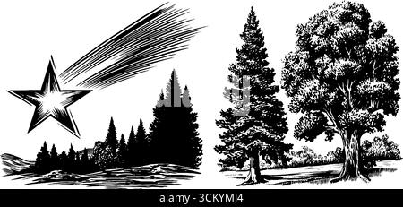 Affichage céleste avec étoiles filantes et silhouettes de forêt pour le design artistique. Illustration de Vecteur