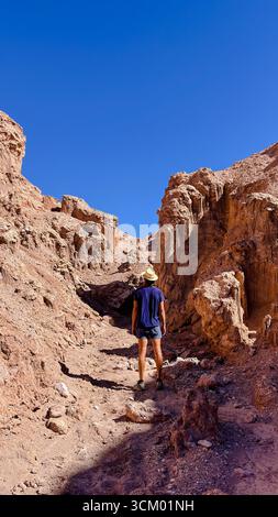 Photo verticale d'un touriste méconnaissable, tout en regardant la formation spectaculaire de roches de sable dans la vallée de la mort, près de San Pedro de Atacama au Chili Banque D'Images