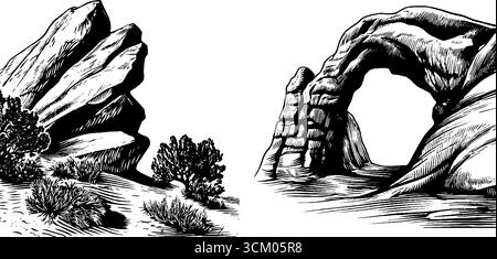 Arc en grès altéré et croquis de gommage du désert pour la conception de la nature. Illustration de Vecteur