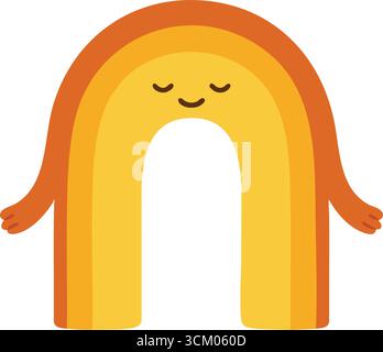 Un personnage joyeux et minimaliste en forme d'arc-en-ciel avec les yeux fermés, un sourire doux et des bras arrondis dans une palette chaude adaptée aux enfants et aux designs ludiques Illustration de Vecteur