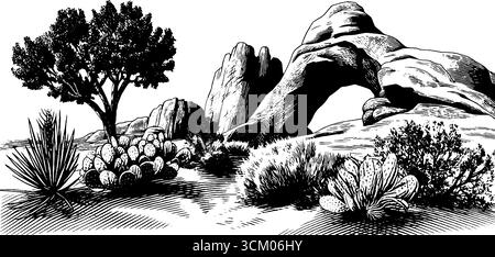 Croquis de paysage en grès altéré et de broussailles du désert pour la conception de la nature. Illustration de Vecteur