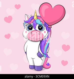 Mignonne licorne de dessin animé avec ballon en forme de coeur. Illustration vectorielle d'un animal sur un fond rose avec des coeurs et des étoiles. Illustration de Vecteur