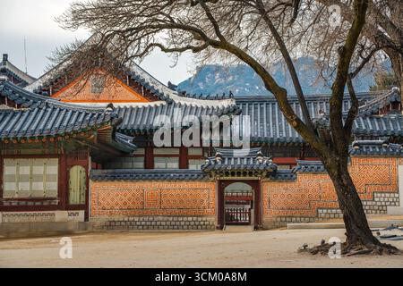 Vue détaillée de la cour du palais de Gyeongbokgung à Séoul avec des toits de tuiles ornées, des murs en bois rouge et des motifs dancheong complexes. Banque D'Images