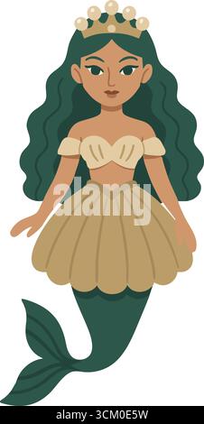Une élégante jeune fille de mer aux cheveux verts coulants, une couronne florale et une robe et queue dorées chatoyantes posées dans une posture douce sous-marine Illustration de Vecteur