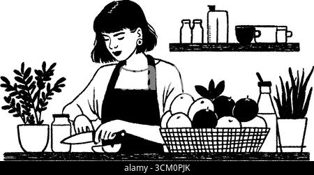 Travailleur de bar à jus tranchant des fruits dans un croquis artistique pour les cafés et les thèmes culinaires. Illustration de Vecteur