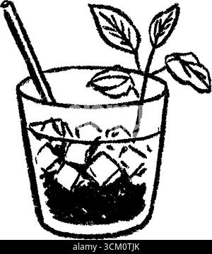 Croquis d'un verre de jus rafraîchissant avec de la glace pilée et des feuilles de menthe. Illustration de Vecteur