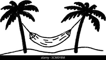 Esquisse de hamac relaxant attaché entre deux palmiers en texture noire. Illustration de Vecteur
