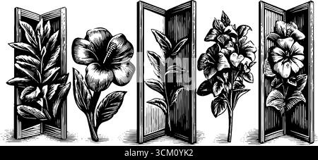 Paravents pliants botaniques vintage avec illustrations florales pour la décoration intérieure. Illustration de Vecteur