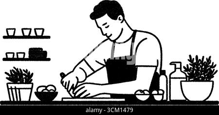 Travailleur de bar à jus préparant des fruits frais avec le sourire, idéal pour les projets culinaires. Illustration de Vecteur