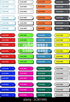 Ensemble d'éléments d'interface utilisateur de bouton clic vectoriel dans plusieurs styles, couleurs et ombres, conçus pour les interfaces de site Web, les applications mobiles et les projets de conception d'interface utilisateur UX Illustration de Vecteur