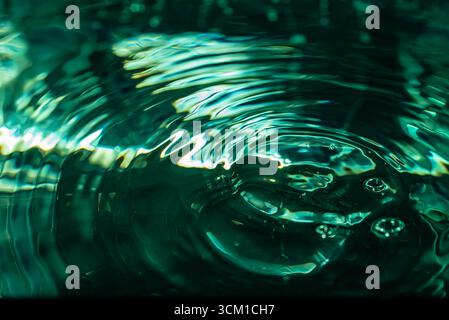 369.une photographie macro abstraite capture les éclaboussures dynamiques et les ondulations rayonnantes créées par une goutte d'eau. L'image est dominée par le turquoise profond, Banque D'Images