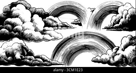 Arcs-en-ciel vintage dessinés à la main et nuages avec des arcs courbés pour un design rétro. Illustration de Vecteur