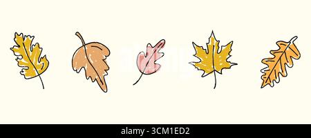 Feuilles d'automne fantaisistes dessinées à la main doodle avec texture marqueur, décoration saisonnière rustique. Feuillage d'automne et nature de Thanksgiving. Vecteur plat Illustration de Vecteur