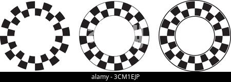Ensemble de cadres ronds avec imprimé à carreaux noir et blanc. Vignettes en forme de cercle avec damier, drapeau de course ou motif d'avion de jeu d'échecs isolé Illustration de Vecteur