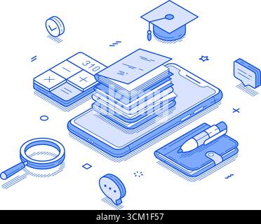E-learning formation en ligne à distance cours application smartphone illustration vectorielle isométrique. Distance internet étudiant collège école université Illustration de Vecteur