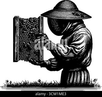 Apiculteur inspectant le nid d'abeille dans le style de gravure vintage pour la conception de la nature et de l'agriculture. Illustration de Vecteur