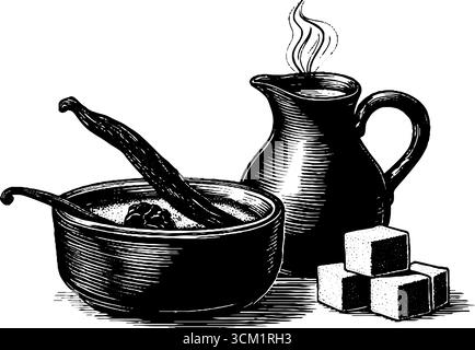 Illustration gravée vintage de crème brûlée avec vanille et pichet crème pour le design culinaire. Illustration de Vecteur