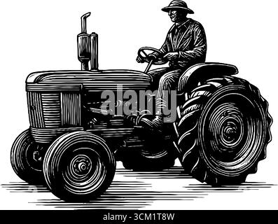 Illustration gravée vintage de tracteur de conduite de fermier pour la conception agricole. Illustration de Vecteur