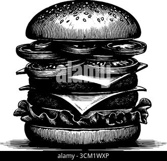 Illustration gravée vintage d'un hamburger à la laitue et au fromage pour un design rétro. Illustration de Vecteur
