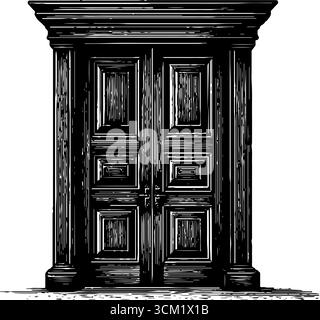 Illustration vintage de doubles portes en bois gravées à la main pour un design de décor classique. Illustration de Vecteur