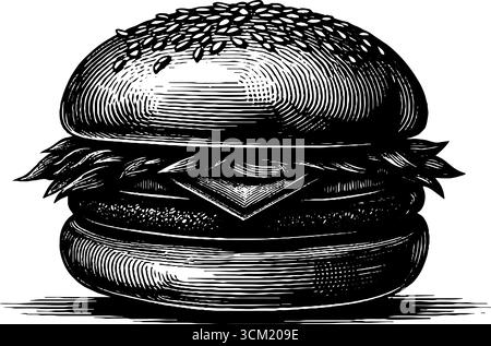 Illustration gravée vintage d'un pain hamburger avec des graines de sésame pour la conception culinaire. Illustration de Vecteur