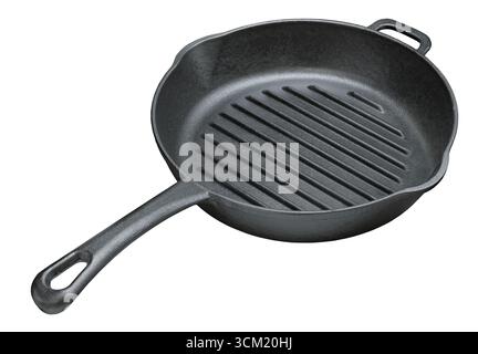 Poêle à griller ronde en fonte, isolée sur fond blanc Banque D'Images