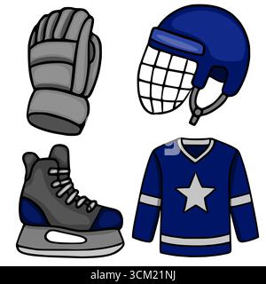 Une illustration vectorielle mettant en vedette un gant de hockey, un casque, des patins et un maillot, mettant en valeur un style de dessin animé ludique avec une palette de couleurs bleu marine et gris. Illustration de Vecteur
