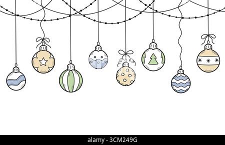 Ensemble de boules de noël dessinées à la main. Éléments pour décorer pour le Noël et le nouvel an dans le style croquis doodle. Illustration vectorielle. Illustration de Vecteur