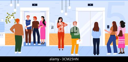 Les professionnels des affaires et les employés de bureau debout dans la file d'attente pour l'ascenseur, montrant la routine quotidienne, la gestion du temps, et l'interaction sur le lieu de travail, illustration vectorielle moderne de l'environnement de bureau Illustration de Vecteur