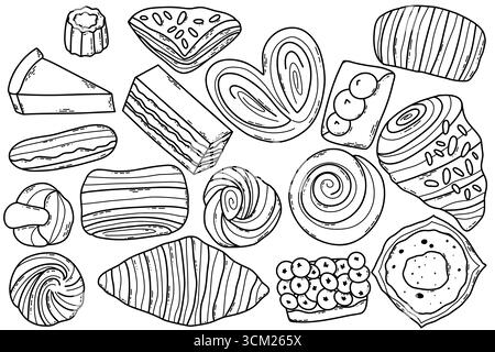Illustrations de pâtisseries assorties présentant des produits de boulangerie dans un style dessiné à la main Illustration de Vecteur