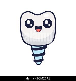 Implant dentaire, soins de santé, hygiène buccale et traitement. Caractère d'implant dentaire Kawaii. Vecteur isolé sur blanc. Implant dentaire mignon Illustration de Vecteur