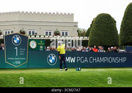 Wentworth Club, Londres, Royaume-Uni. 14 septembre 2025. Finale du championnat BMW PGA ; Hideki Matsuyama du Japon s'est lancé sur le 1er trou crédit : action plus Sports/Alamy Live News Banque D'Images
