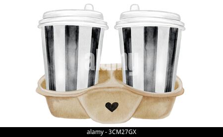 Illustration aquarelle du porte-tasses à café. Dessiné à la main deux verres de cappuccino chaud sur un dessous de verre. Pince pour aliments Idéal pour les tirages de boulangerie, cartes postales Banque D'Images