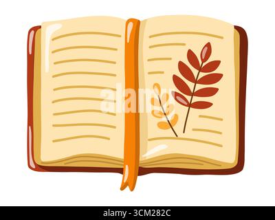 Illustration vectorielle de dessin animé d'un livre ouvert avec des feuilles d'automne et un signet. Illustration isolée vectorielle sur fond blanc. Illustration de Vecteur