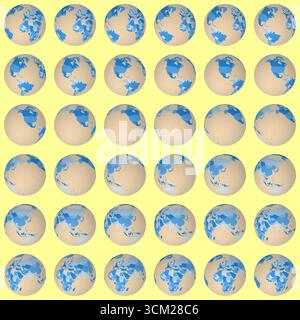 Collection de globes de terre. Vue de sphère inclinée. Pas de rotation de 10 degrés. Style pays coloré. Illustration de Vecteur