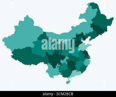 Carte de Chine avec les régions. Juste une carte de frontière de pays simple avec division de région. Palette de couleurs sarcelle. Illustration de Vecteur