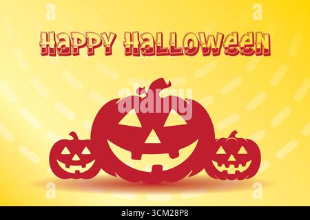 Célébrez la saison effrayante avec cette image vibrante représentant trois citrouilles rouges sculptées et un message audacieux « Happy Halloween », parfaite pour une ambiance festive Illustration de Vecteur