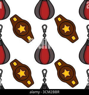Motif vectoriel sans couture avec sacs de frappe de boxe de style dessin animé et ceintures de champion, idéal pour les conceptions et les arrière-plans sur le thème du sport. Illustration de Vecteur