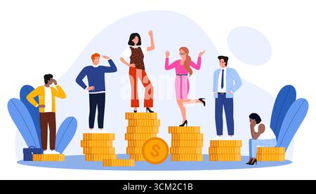 Inégalité salariale des hommes d'affaires, différences de salaire et de revenus financiers, statut social, comparaison de richesse. Employés debout sur des piles de pièces de monnaie de différentes tailles illustration vectorielle de dessin animé Illustration de Vecteur
