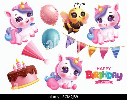 Ensemble d'éléments d'anniversaire clip art. Mignon licorne rose, abeille, ballon élégant, gâteau, chapeau de fête et fanions décoration d'anniversaire éléments clip art collection Illustration de Vecteur