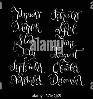 Lettrage mensuel manuscrit vectoriel dans un style d'encre cursive, calligraphie vectorielle illustrations élégantes parfaites pour les planificateurs et les calendriers. Année sur le Illustration de Vecteur