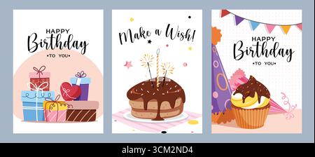 Joyeux anniversaire carte de voeux clipart ensemble affiche. Carte de voeux joyeux anniversaire avec coffrets cadeaux, cupcake et gâteau dessert sucré pour bday Illustration de Vecteur