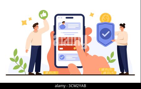 Main tenant smartphone avec bouclier de sécurité, profil utilisateur, carte de paiement et icônes d'approbation représentant la protection des données mobiles, la confidentialité et les transactions sécurisées isolé sur fond blanc illustration vectorielle Illustration de Vecteur